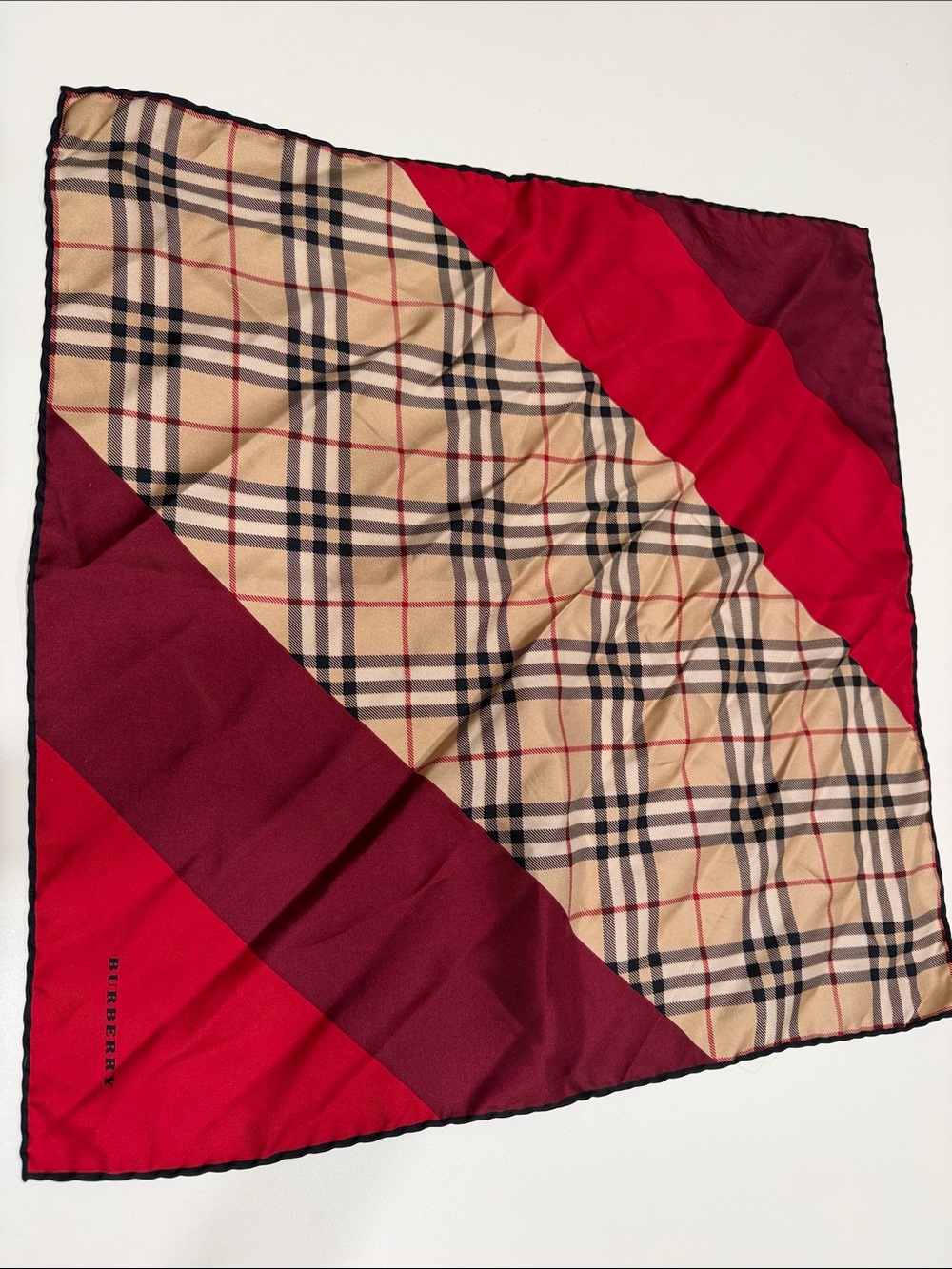 Burberry Beige Plaid Scarf with Red and Burgundy Panels